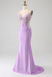 Trendy Mermaid Spaghetti Straps Lilac Long Ball Dress with Appliques Beading