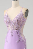Trendy Mermaid Spaghetti Straps Lilac Long Ball Dress with Appliques Beading