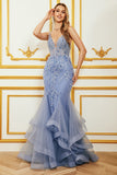 Mermaid Spaghetti Strap Beaded Backless Grey Blue Ball Dress With Appliques