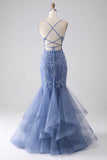 Grey Blue Mermaid Spaghetti Strap Beaded Backless Ball Dress With Appliques