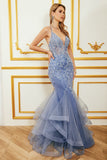 Mermaid Spaghetti Strap Beaded Backless Grey Blue Ball Dress With Appliques