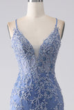 Grey Blue Mermaid Spaghetti Strap Beaded Backless Ball Dress With Appliques