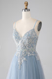 Grey Blue A-Line Spaghetti Straps Sparkly Sequin Long Ball Dress