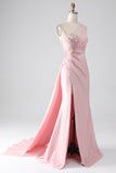 Pink Mermaid One Shoulder Sequins Appliques Ruched Ball Dress With Slit
