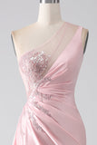 Pink Mermaid One Shoulder Sequins Appliques Ruched Ball Dress With Slit