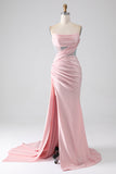 Pink Mermaid Strapless Beaded Pleated Long Ball Dress With High Slit