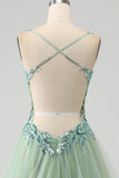Gorgeous A Line V Neck Light Green Long Ball Dress with Appliques