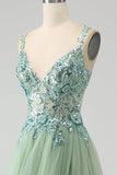 Gorgeous A Line V Neck Light Green Long Ball Dress with Appliques