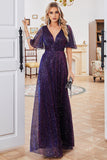 Purple A Line Sparkly V-Neck Formal Party Dress with Short Sleeves