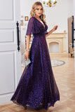 Purple A Line Sparkly V-Neck Formal Party Dress with Short Sleeves