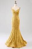 Golden Mermaid Sweetheart Sweep Train Prom Dress With Sequins