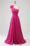 Fuchsia A-Line One Shoulder Feather Sequin Long Ball Dress With Slit
