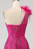 Fuchsia A-Line One Shoulder Feather Sequin Long Ball Dress With Slit