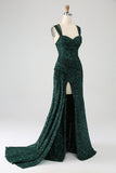 Dark Green Sheath Sparkly Sequin Pleated Long Ball Dress With Thigh Split