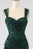 Dark Green Sheath Sparkly Sequin Pleated Long Ball Dress With Thigh Split