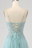 Sparkly Light Green A-Line Spaghetti Straps Sequin Applique Corset Ball Dress With Slit