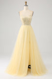 Light Yellow A-Line Spaghetti Straps Tulle Beaded Ball Dress with Slit