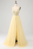 Light Yellow A-Line Spaghetti Straps Tulle Beaded Ball Dress with Slit