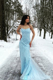 Blue Mermaid Spaghetti Straps Tulle & Lace Long Ball Dress