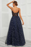 Spaghetti Straps Navy Long Ball Dress with Star