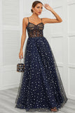 Spaghetti Straps Navy Long Ball Dress with Star