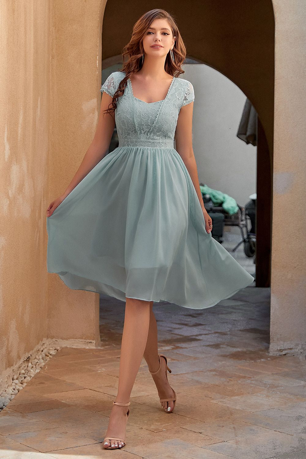 Blue Chiffon Wedding Guest Dress with Lace