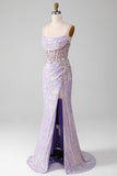 Sparkly Lilac Mermaid Spaghetti Straps Ball Dress with Slit