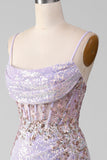 Sparkly Lilac Mermaid Spaghetti Straps Ball Dress with Slit