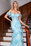 Stylish Sky Blue Mermaid Off the Shoulder Long Ball Dress with Lace Ruffles