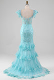 Sky Blue Mermaid Off the Shoulder Sequin Ball Dress with Slit