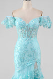 Sky Blue Mermaid Off the Shoulder Sequin Ball Dress with Slit