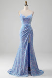 Light Blue Sparkly Sequins Mermaid Pleated Ball Dress with Slit