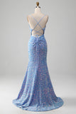 Light Blue Sparkly Sequins Mermaid Pleated Ball Dress with Slit
