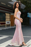 Pink Mermaid Sweetheart Sequins Corset Long Ball Dress