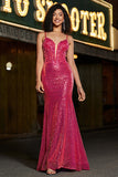 Stunning Mermaid Spaghetti Straps Fuchsia Sequins Corset Ball Dress