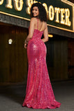 Stunning Mermaid Spaghetti Straps Fuchsia Sequins Corset Ball Dress