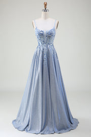 Sparkly A-Line Spaghetti Straps Grey Blue Long Ball Dress