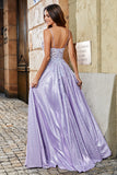 Lilac A-Line Spaghetti Straps Long Glitter Ball Dress With Beading