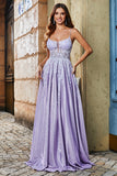 Lilac A-Line Spaghetti Straps Long Glitter Ball Dress With Beading