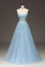 A Line Light Blue Sequin Spaghetti Straps Ball Dress With Appliques
