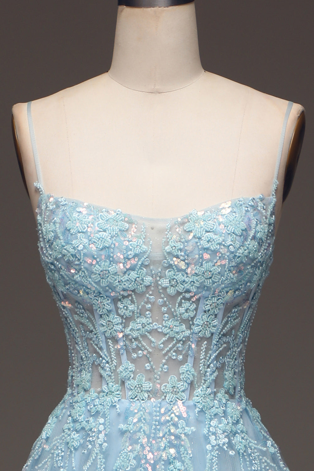 A Line Light Blue Sequin Spaghetti Straps Ball Dress With Appliques