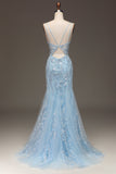 Blue Tulle Mermaid Ball Dress with Beaded
