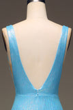 Glitter Blue Mermaid V-Neck Long Ball Dress