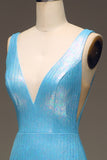 Glitter Blue Mermaid V-Neck Long Ball Dress