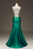 Green Deep V-neck Satin Mermaid Ball Dress with Lace-up Back