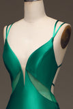 Green Deep V-neck Satin Mermaid Ball Dress with Lace-up Back