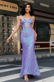 Stylish Mermaid Spaghetti Straps Purple Sequins Corset Ball Dress