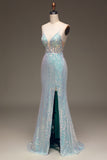 Sparkly Mermaid Grey Blue Ball Dress with Slit
