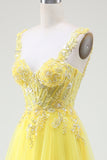 Tulle Beaded Yellow A-Line Spaghetti Straps Corset Ball Dress with Slit