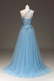 Light Blue A-Line One Shoulder Sequin Ball Dress with Appliques